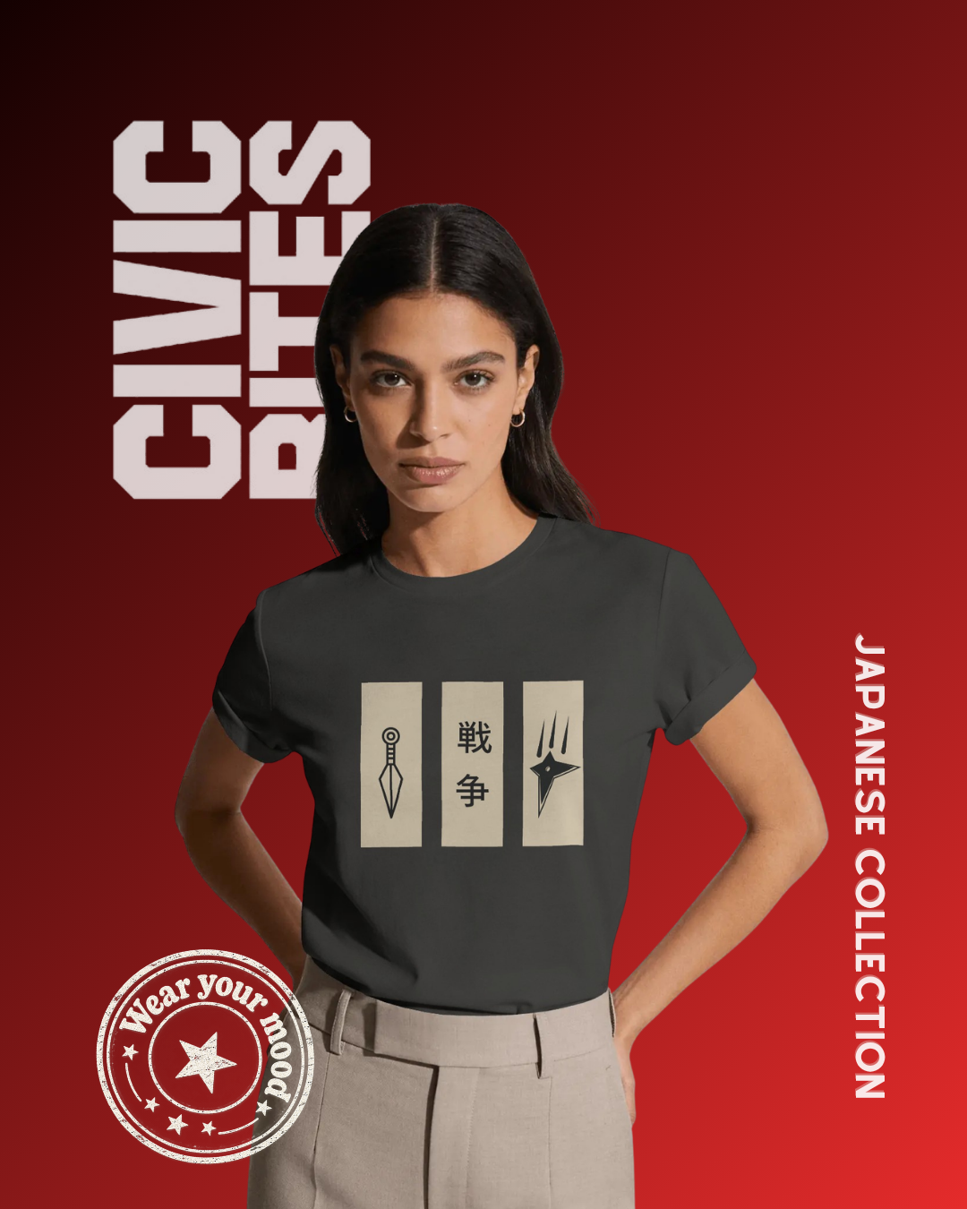 Japanese Kunai Shuriken Warrior T-Shirt | Japanese Unisex Oversized T-Shirt | Civic Bites