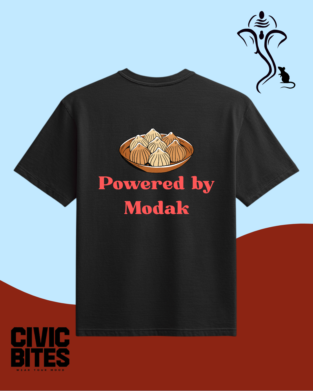 Powered by Modak Ganesh Chaturthi t-shirt worn oversized, unisex