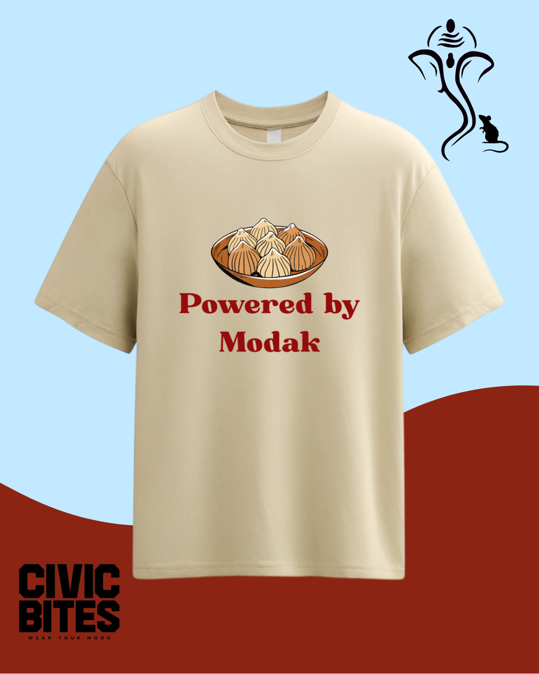 Powered by Modak Ganesh Chaturthi t-shirt worn oversized, unisex beige