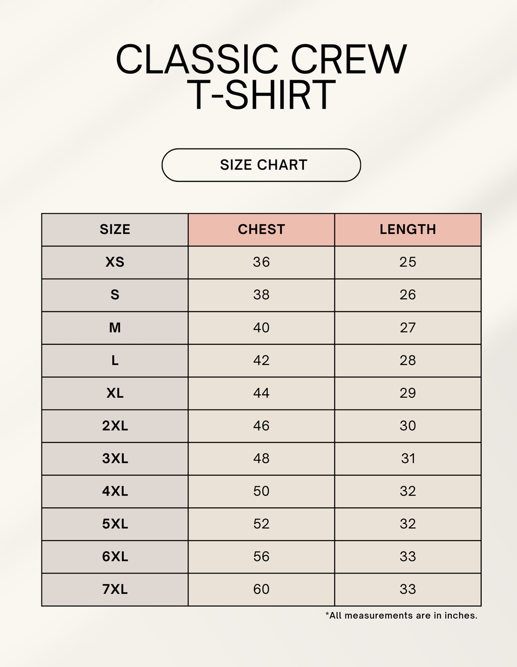 Civic Bites unisex t-shirt size chart in inches